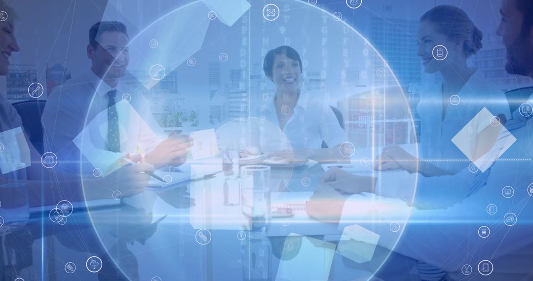 Team Collaboration Meeting with Digital Interface Overlay