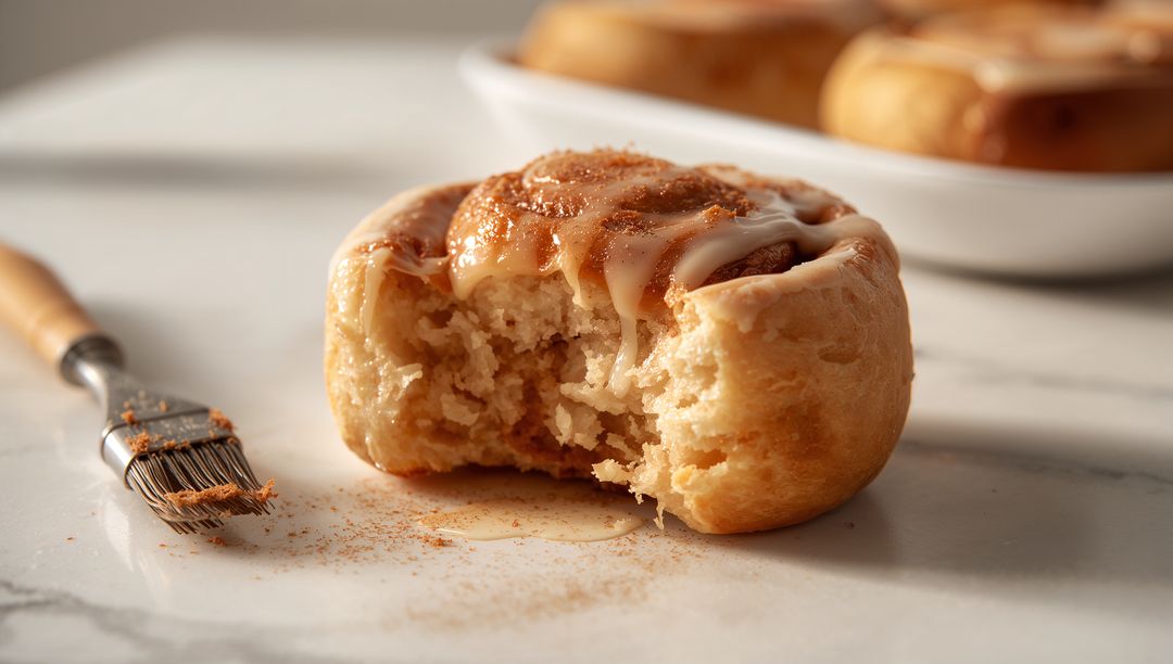 Bitten cinnamon roll sitting on light marble countertop with brush and glossy icing