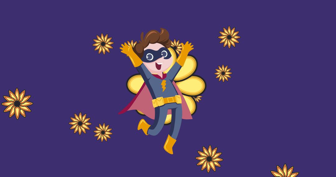 Joyful Boy in Superhero Costume with Bright Flowers