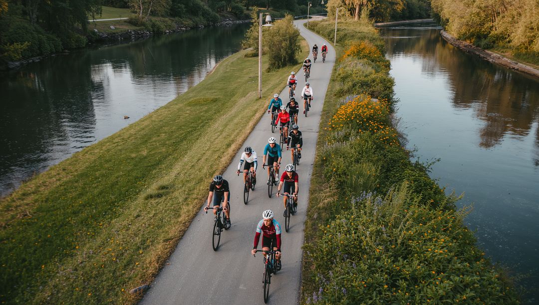 Group of Cyclists Riding on Scenic Riverside Path