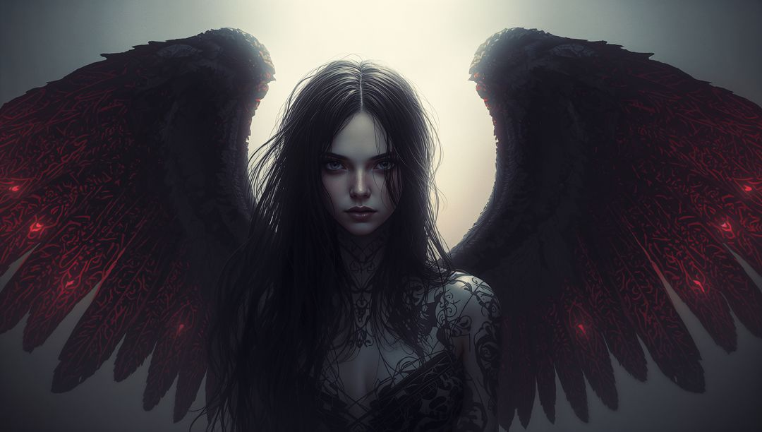 Mystical Gothic Woman with Black Wings and Glowing Red Veins