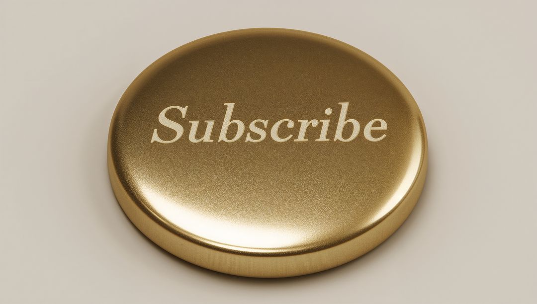 Shining Gold Subscribe Button Close-Up, Glossy Round Call to Action on Neutral Backdrop