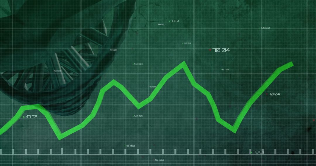 Digital Green Line on Grid with Financial Data and Graphic Spiral Overlay