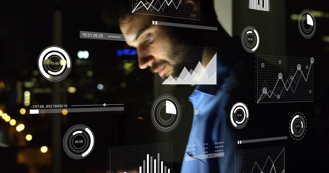 Businessman Analyzing Infographic Interface at Night