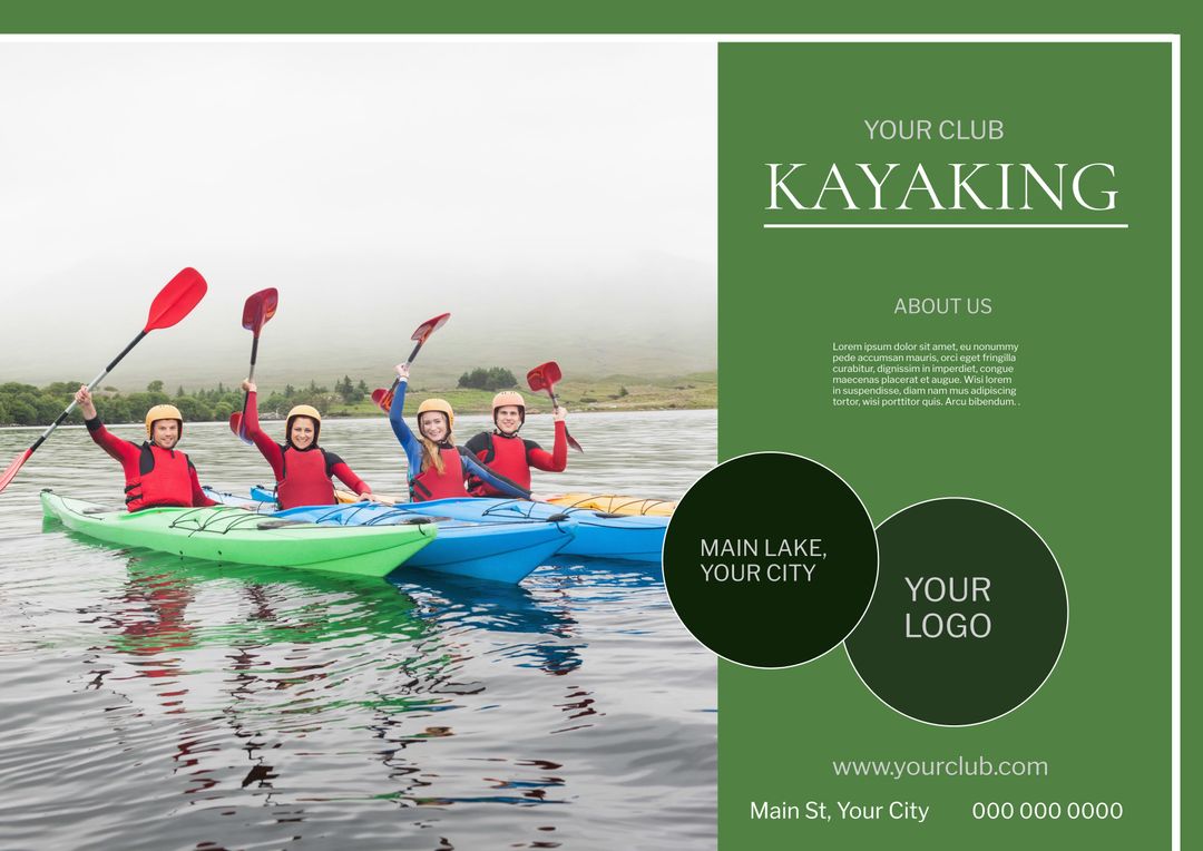 Group of Kayakers Paddling on Lake Promoting Adventure and Teamwork - Download Free Stock Templates Pikwizard.com