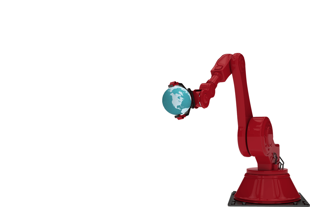Red Robotic Arm Holding Transparent Globe for Global Technology Concepts