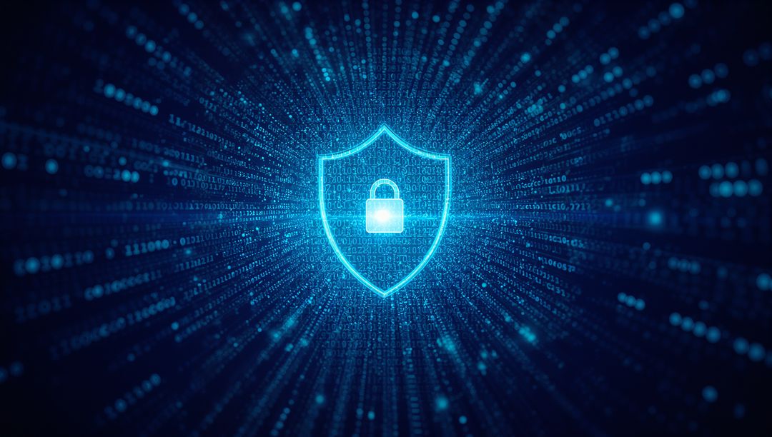 Neon Shield with Padlock Amidst Streaming Binary Code Symbolizing Digital Security