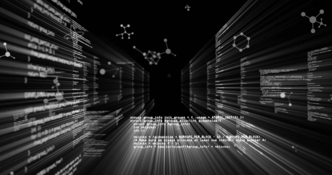 Monochrome Data Tunnel Streaming Code Panels Converging Molecular Nodes in Futuristic Flow