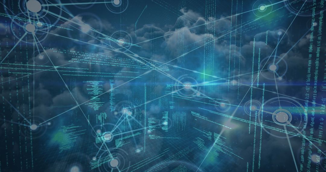 Futuristic Digital Network with Abstract Code and Cloud Elements