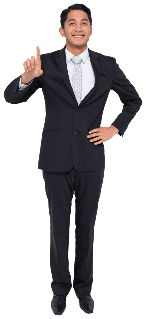 Happy Businessman Pointing with Confident Smile on Transparent Background
