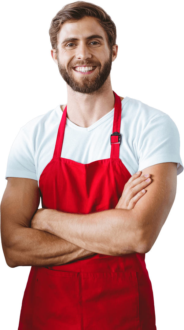 Transparent Confident Business Owner in Red Apron smiling