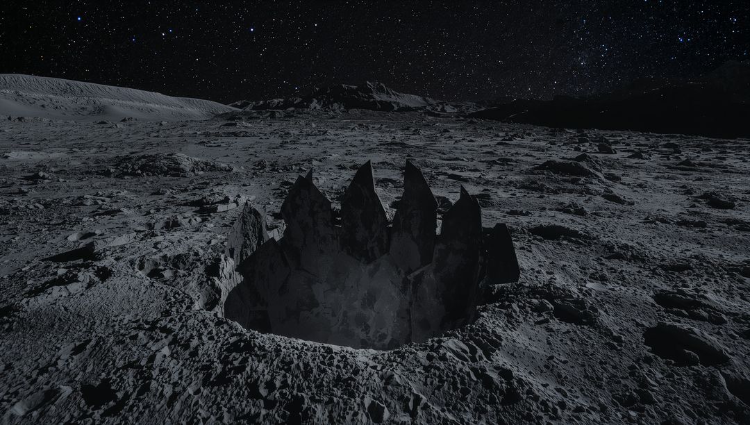 Jagged crown structure emerging from lunar crater under starry sky, surreal extraterrestrial landsca