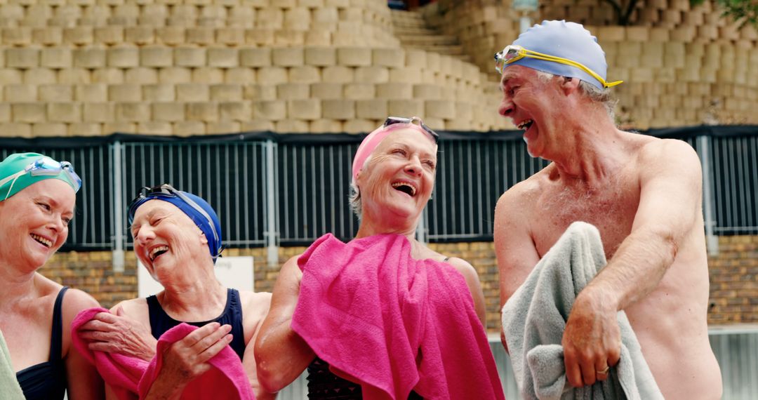 Senior Friends Laughing Together After Swimming - Free Images, Stock Photos and Pictures on Pikwizard.com