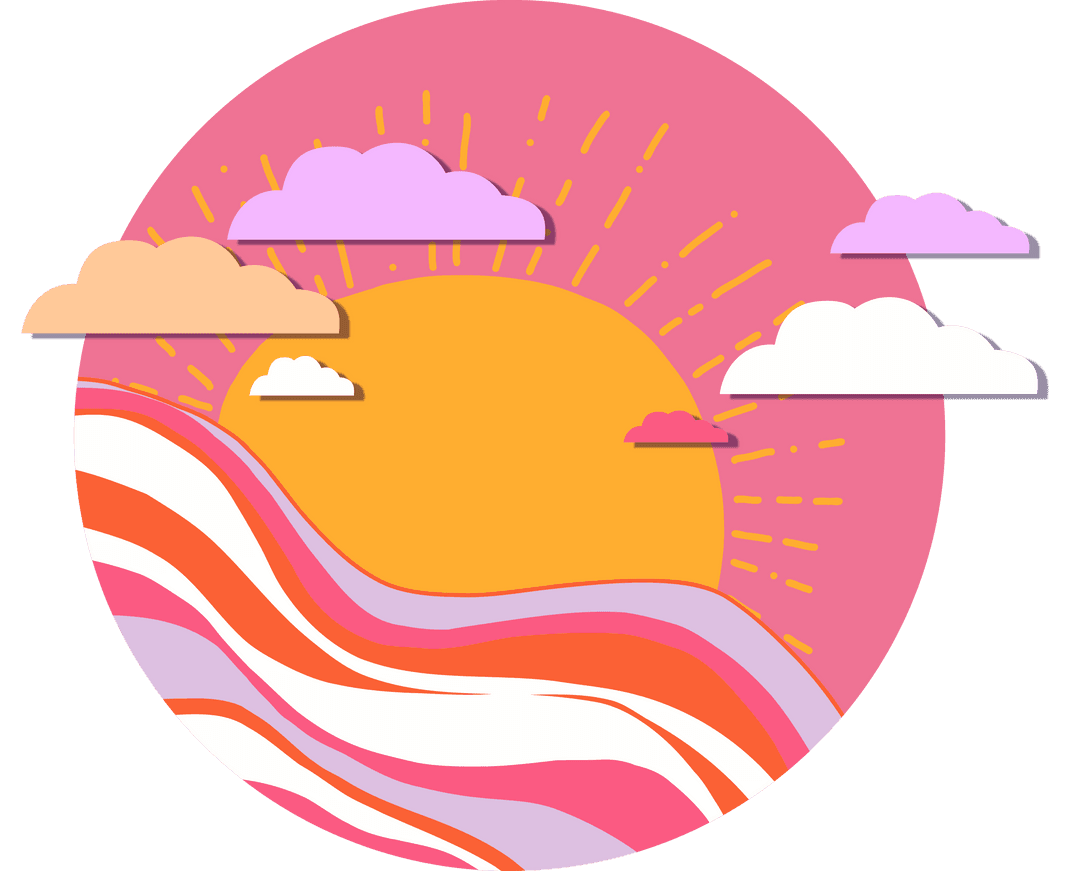 Golden Sun Rising Over Colorful Waves in Transparent Pastel Minimalist Art