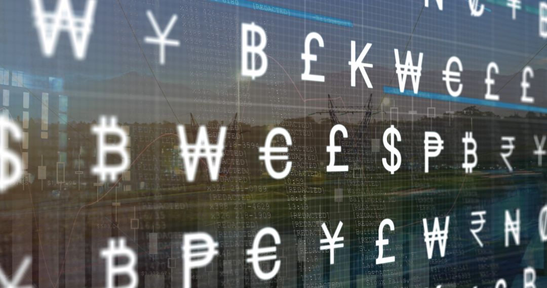 Global Currency Symbols Overlay with Cityscape Background
