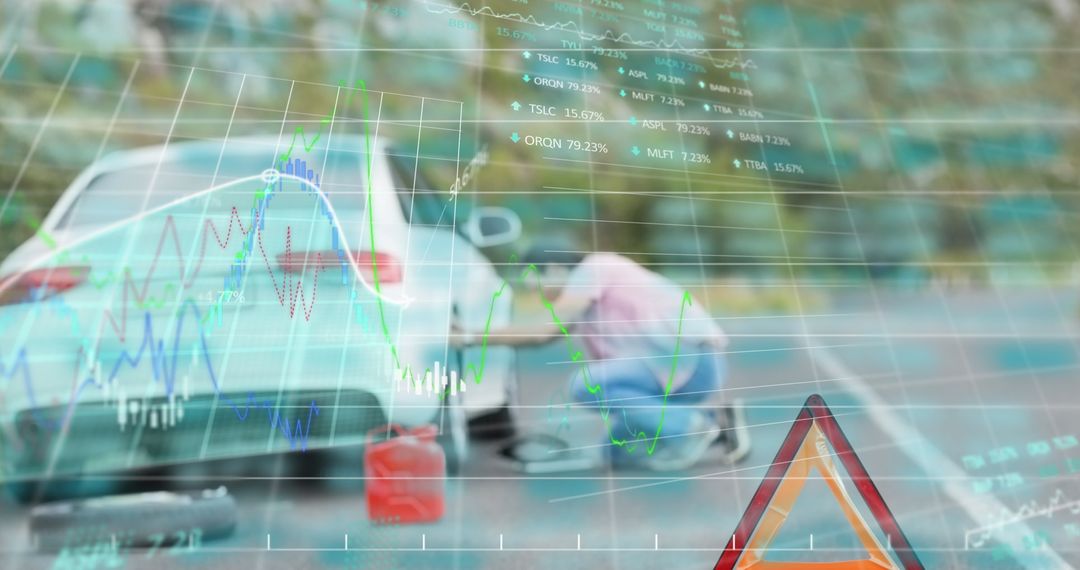 Overlay of Financial Statistics on Man Changing Car Tire