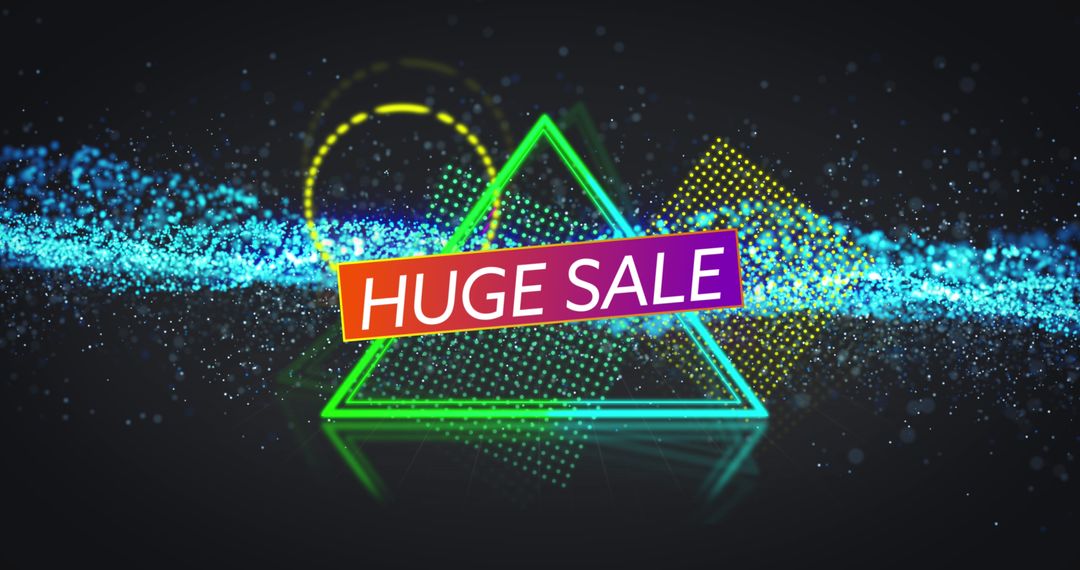 Huge Sale Announcement with Dynamic Neon Shapes and Glitter