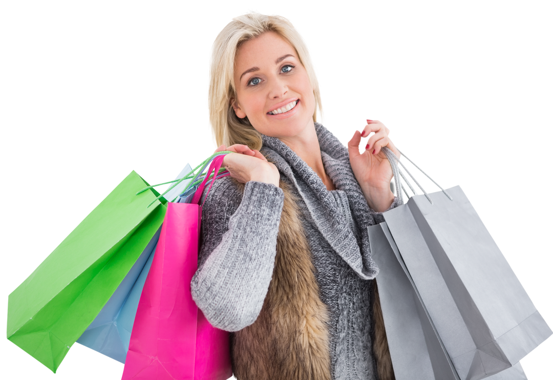 Smiling Blonde Woman in Winter Clothes Holding Shopping Bags Transparent Background - Download Free Stock Images Pikwizard.com