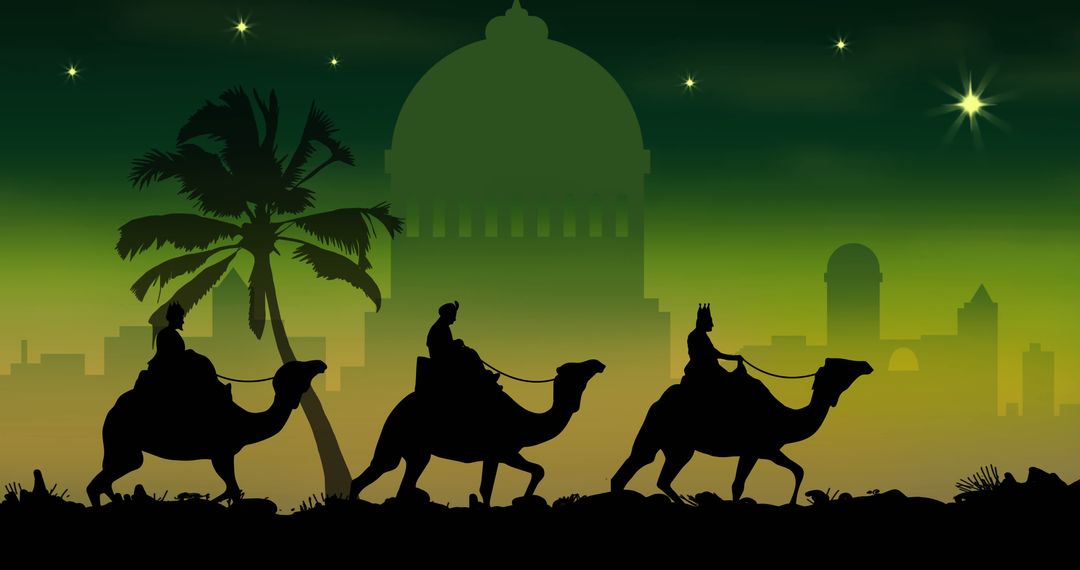 Silhouette of Three Wise Men Riding Camels at Night