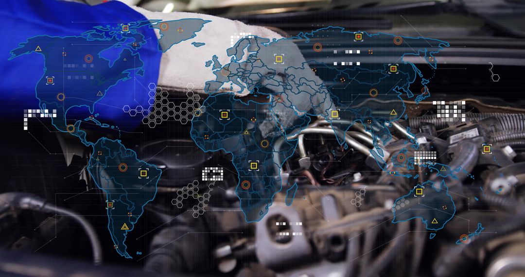 Mechanic Innovating Auto Engine with Digital World Map Overlay