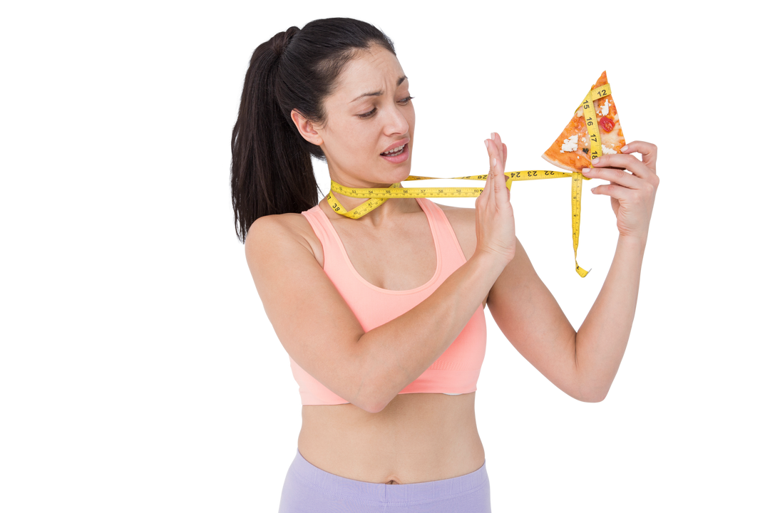 Woman Holding Pizza Slice with Measuring Tape, Facing Temptation - Download Free Stock Images Pikwizard.com