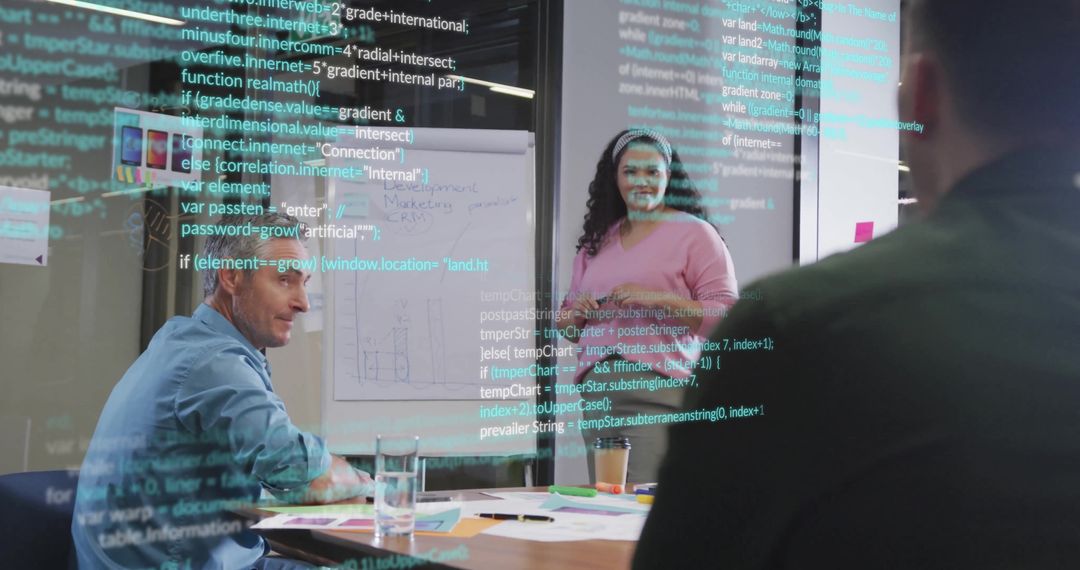 Female Team Leader Discussing Reports with Code Overlay in Modern Office