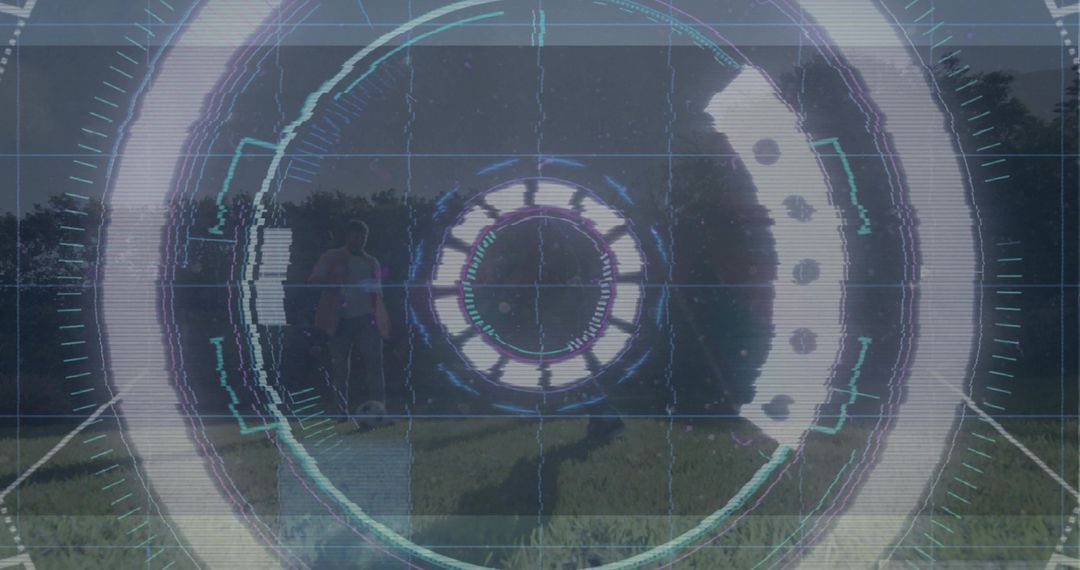 Projecting Holographic HUD Overlay Over Father and Son Playing Soccer in Park