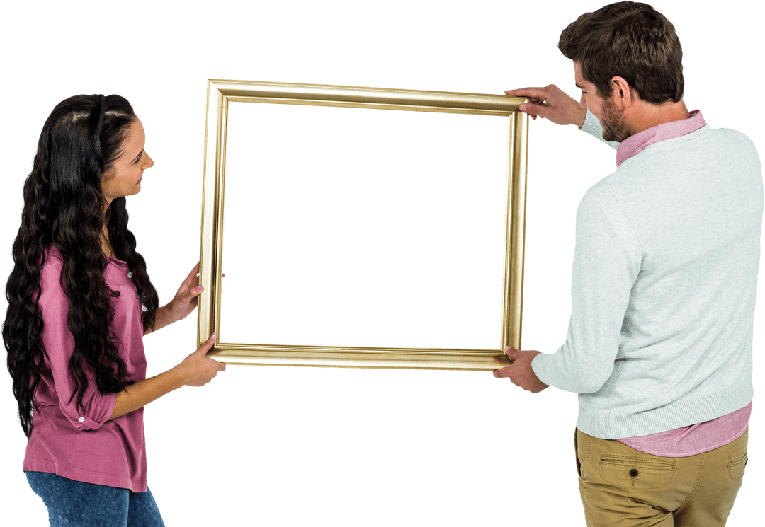 Smiling Couple Holding Transparent Picture Frame Together