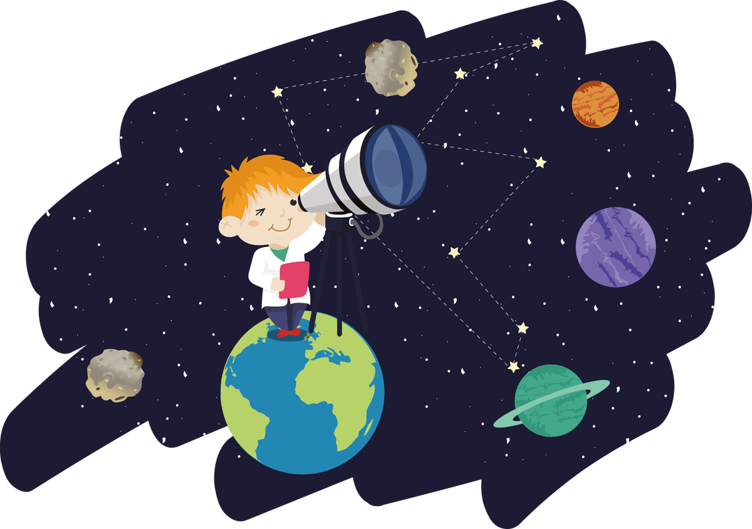 Young Astronomer with Telescope in Space Vector on Transparent Background