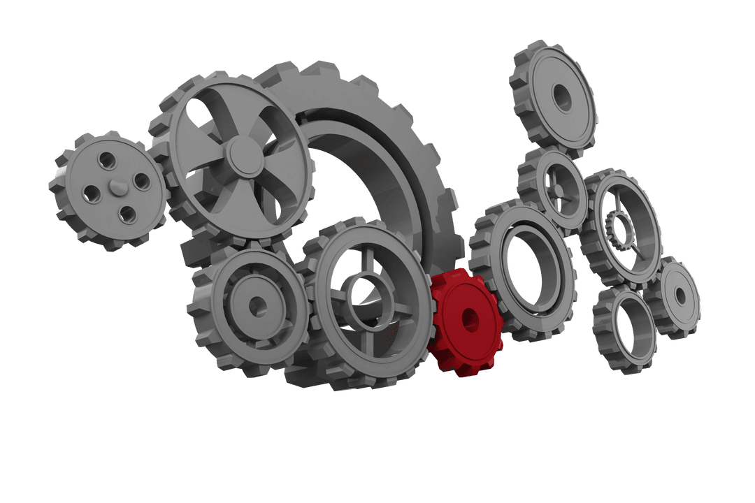 Interconnected Gears with Red Gear on Transparent Background