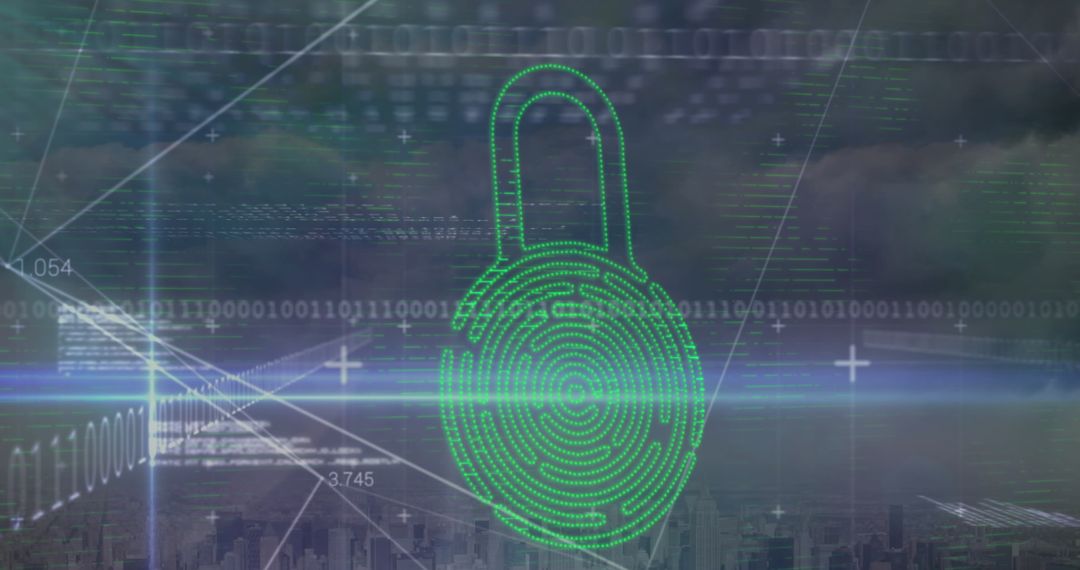 Digital Padlock Hologram Representing Cybersecurity in Modern Cityscape