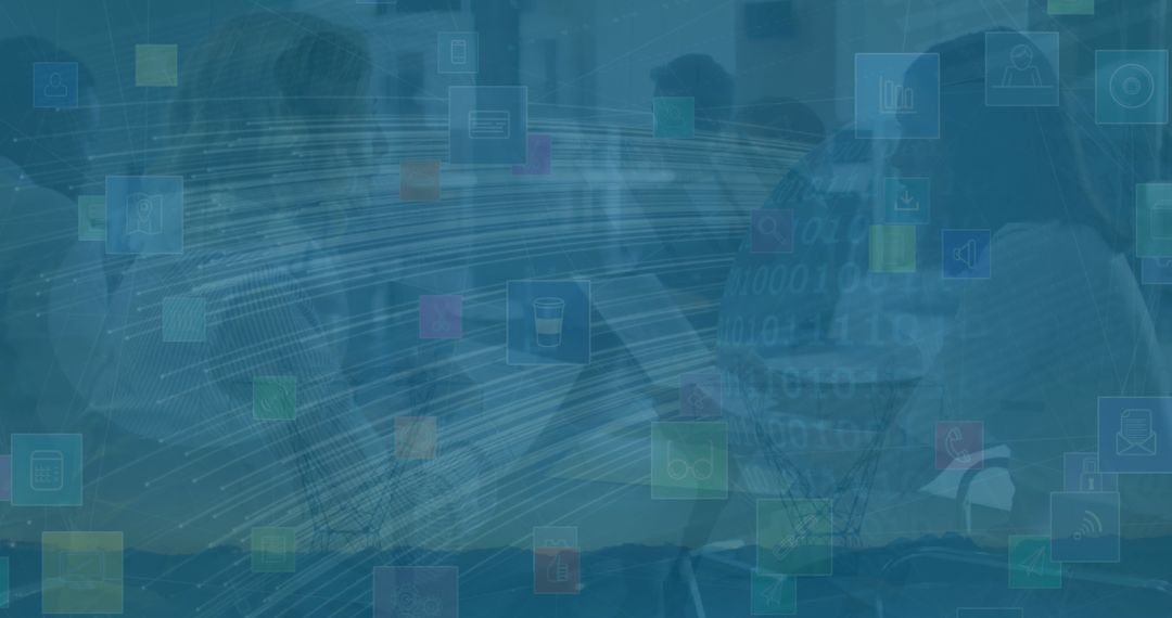 Business Team Collaborating with Digital Interface Visuals in Glass Room