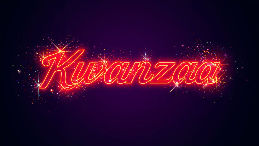 Neon Kwanzaa Script Sign with Sparkling Confetti and Starbursts on Deep Purple Background