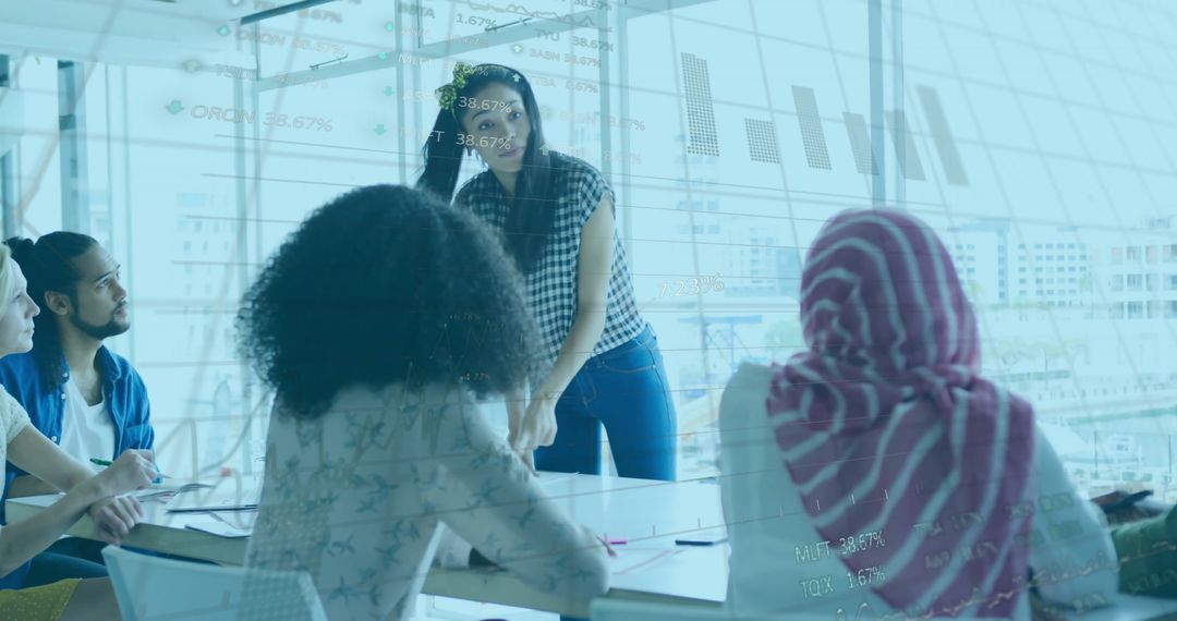 Diverse Team Discussing Financial Data with Analytical Particles