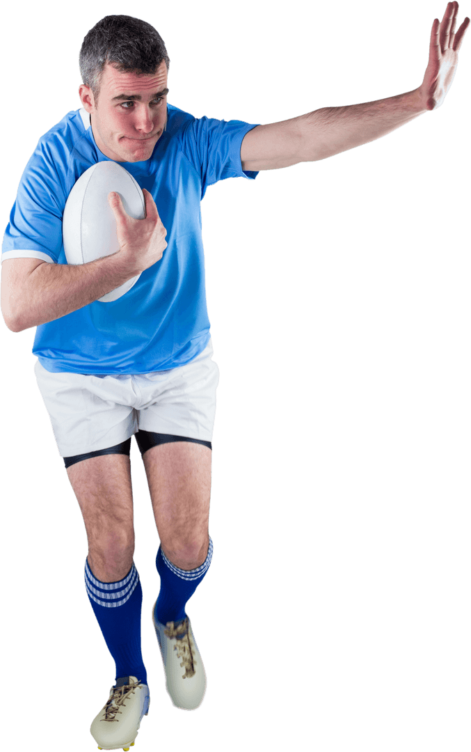 Focused Male Rugby Player Running with Ball on Transparent Background
