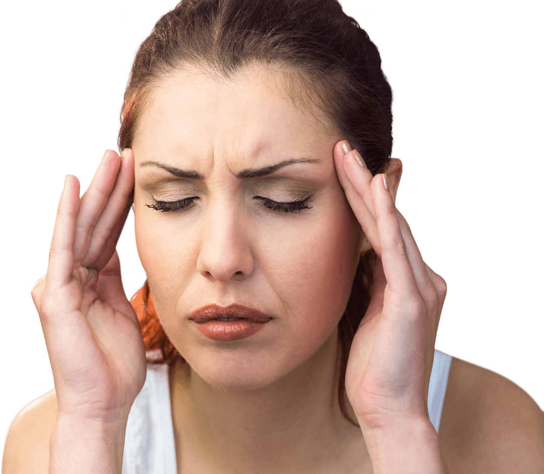 Transparent Woman Experiencing Intense Headache Holding Temples