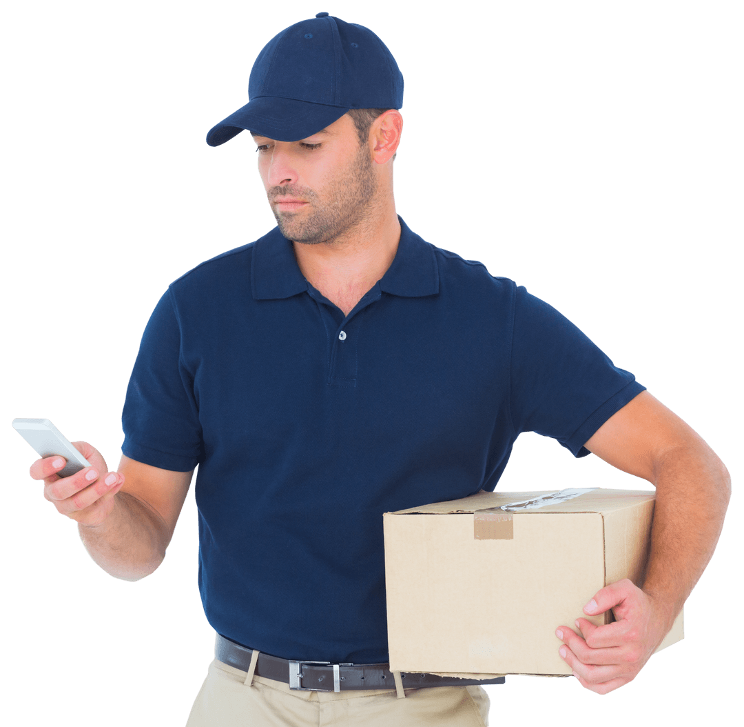 Transparent Delivery Man Using Phone Holding Package