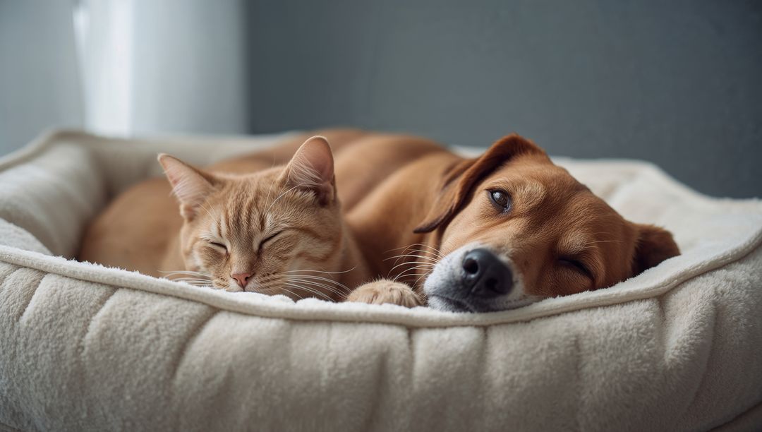 Snuggling Tabby Cat and Tan Dog Resting on Plush Cream Pet Bed