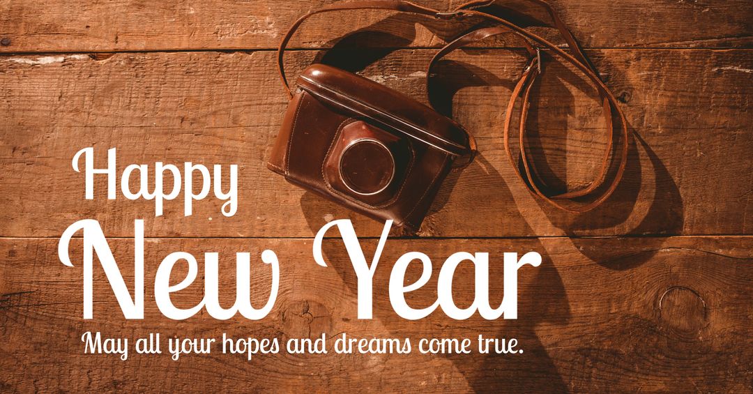 Vintage Camera on Wooden Surface with New Year Greetings