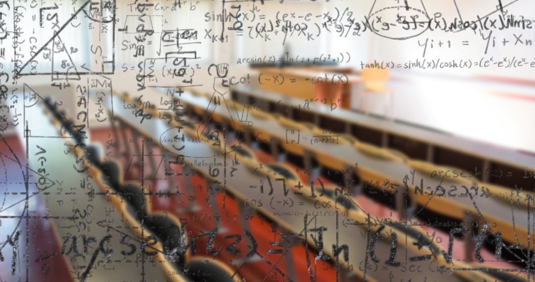 Mathematical Equations Overlay on Empty Classroom