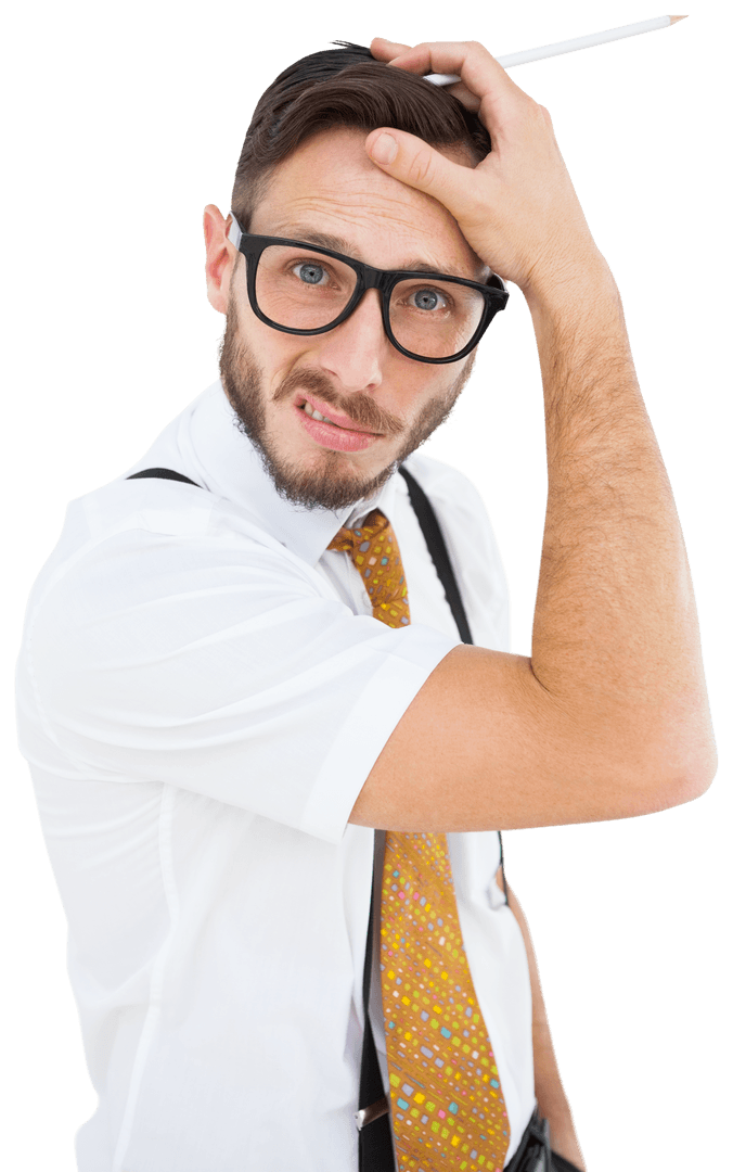 Confused Hipster Scratching Head with Pencil