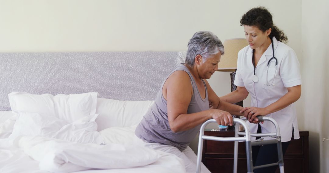 Nurse Helping Senior Woman with Walker in Bedroom - Free Images, Stock Photos and Pictures on Pikwizard.com