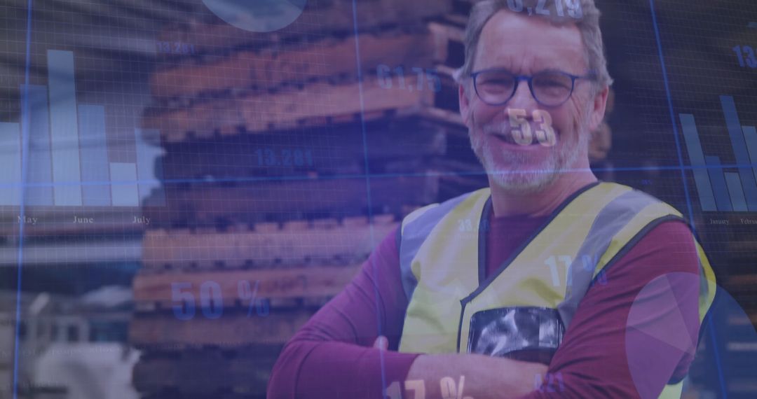 Warehouse Worker with Financial Data Overlay, Highlighting Modern Logistics