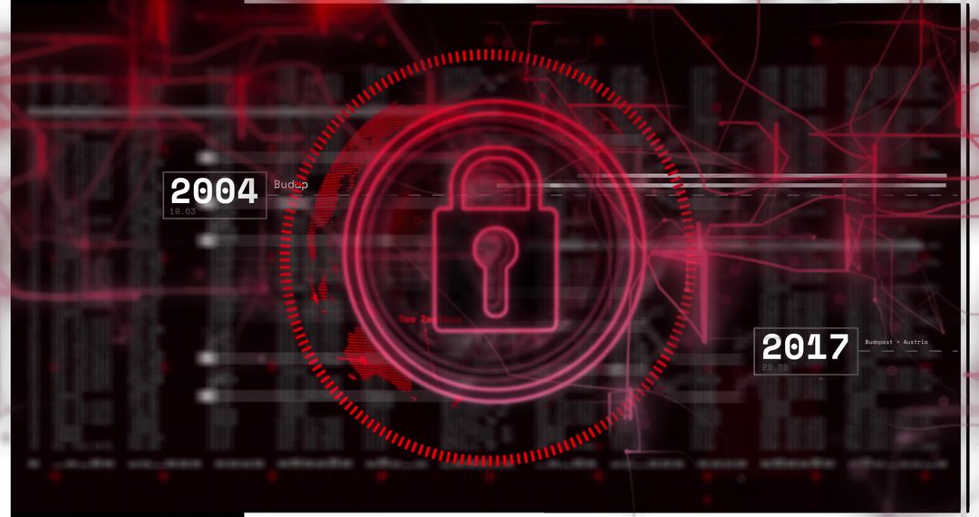 Pulsating Padlock on Digital Dashboard with Timestamps and Glitching Interface