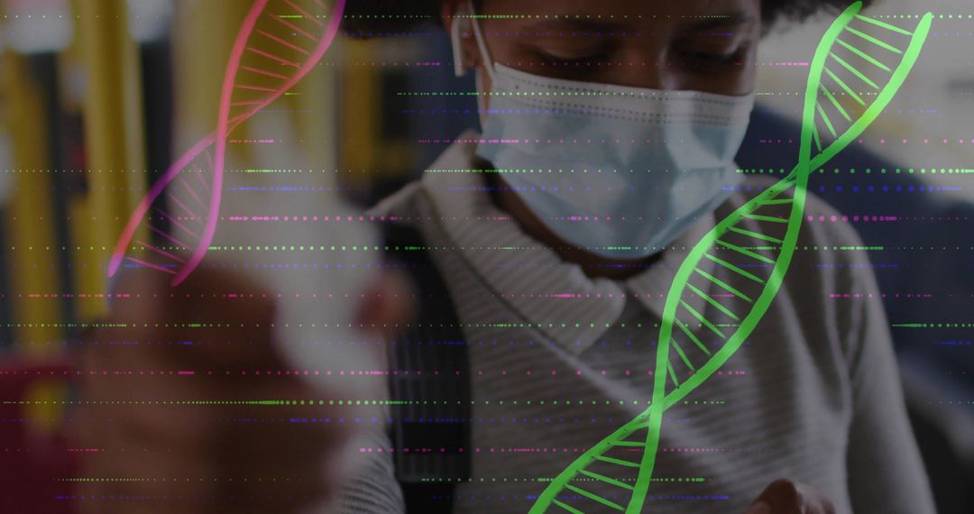 Masked Bus Commuter Interacting with Futuristic DNA Graphics