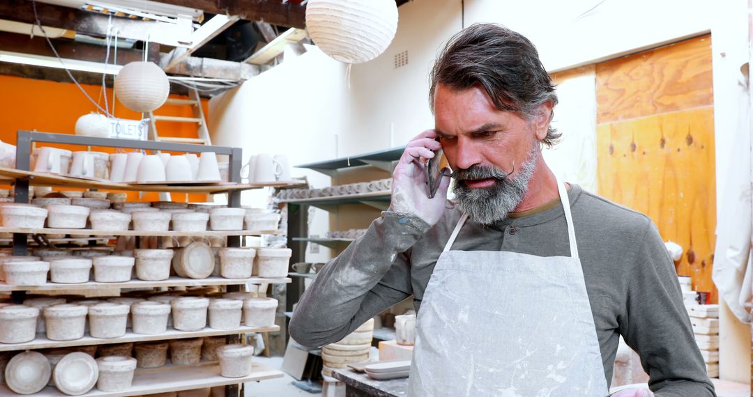 Mature potter talking on smartphone in ceramics studio - Free Images, Stock Photos and Pictures on Pikwizard.com