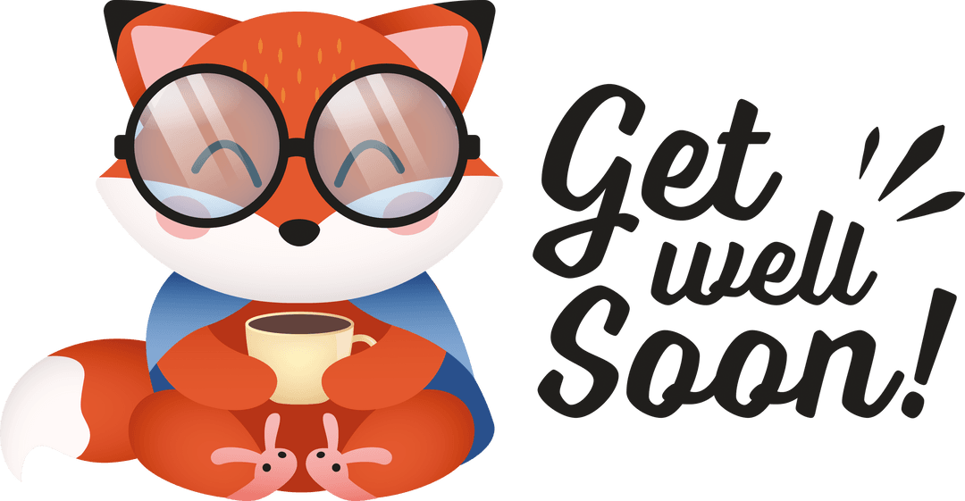 Transparent get well soon illustration with cute fox and mug