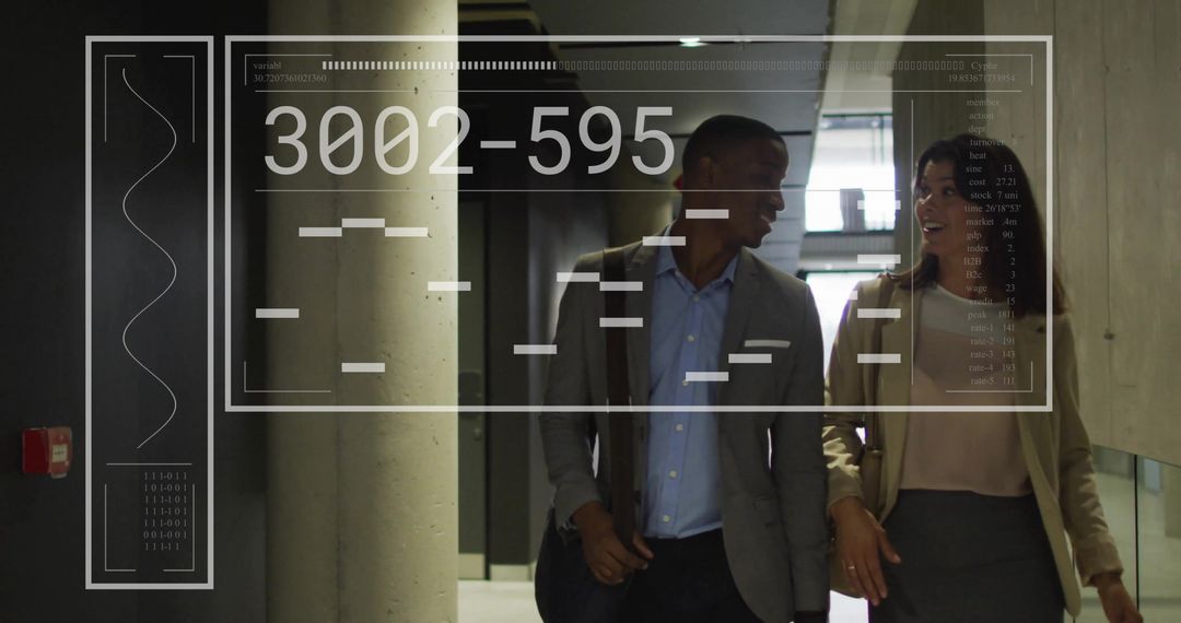 Business Professionals Walking with Futuristic Digital Interface