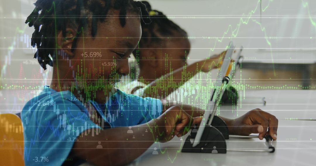 Children Engaging with Tablets Surrounded by Digital Information