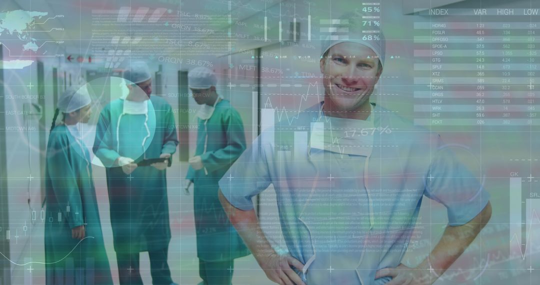 Smiling Doctor in Hospital Corridor with Data Overlay